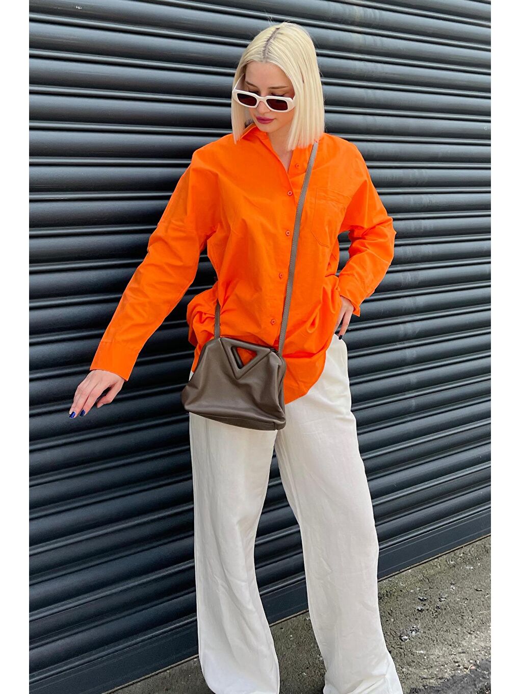 Turuncu Oversize Basic Cepli Poplin Gömlek Mg1530-1