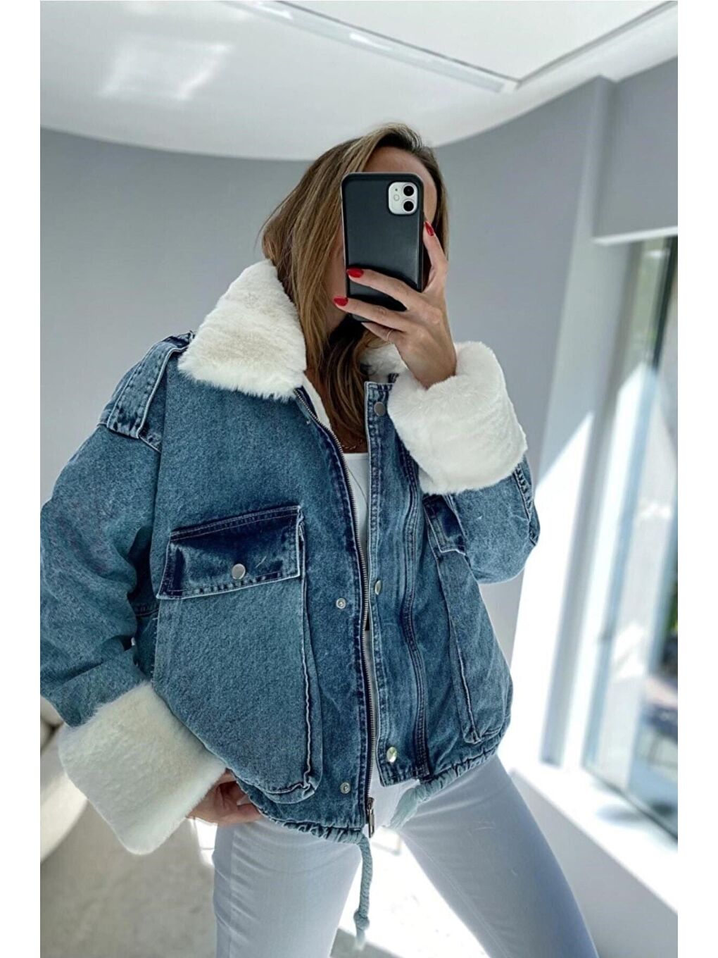Mavi Kadın Beyaz Kürklü Denim Jean Ceket Mont-2
