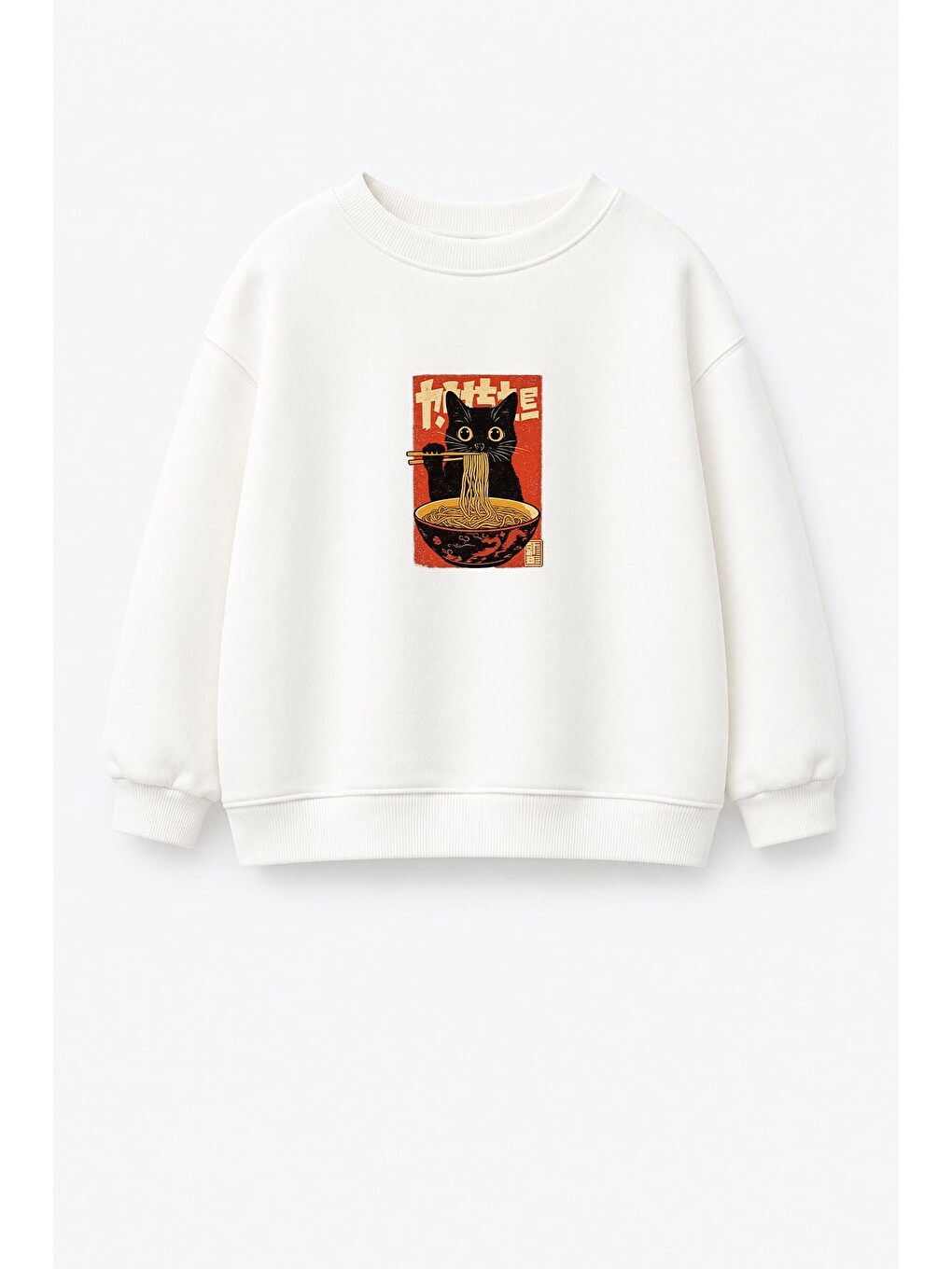 Ekru Unisex Çocuk Beyaz Kedi Baskılı Pamuklu Sweatshirt