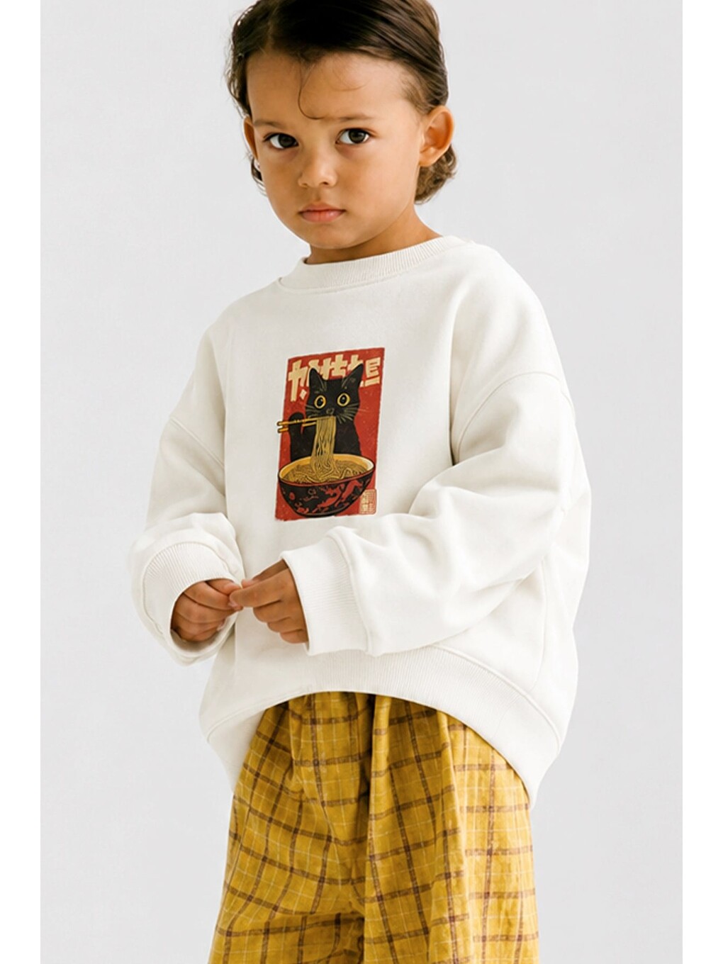 Ekru Unisex Çocuk Beyaz Kedi Baskılı Pamuklu Sweatshirt-1