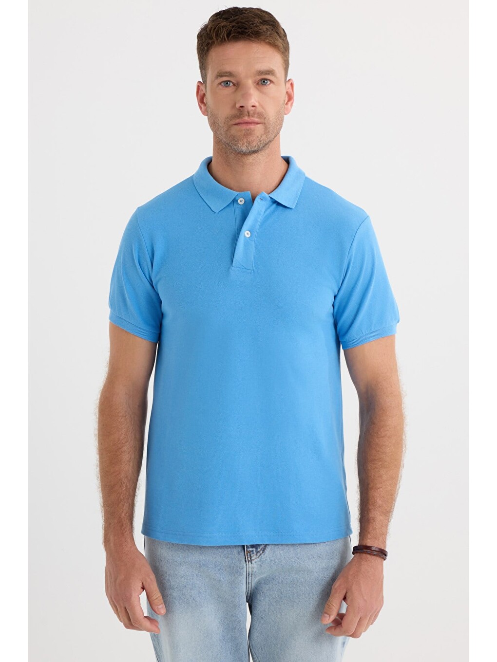 Erkek Slim Fit Dar Kesim Premium Seri %100 Pamuk Yumuşak Dokulu Merserize Mavi Polo Yaka Tişört-6
