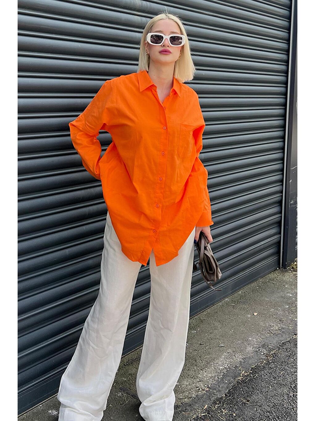 Turuncu Oversize Basic Cepli Poplin Gömlek Mg1530-2