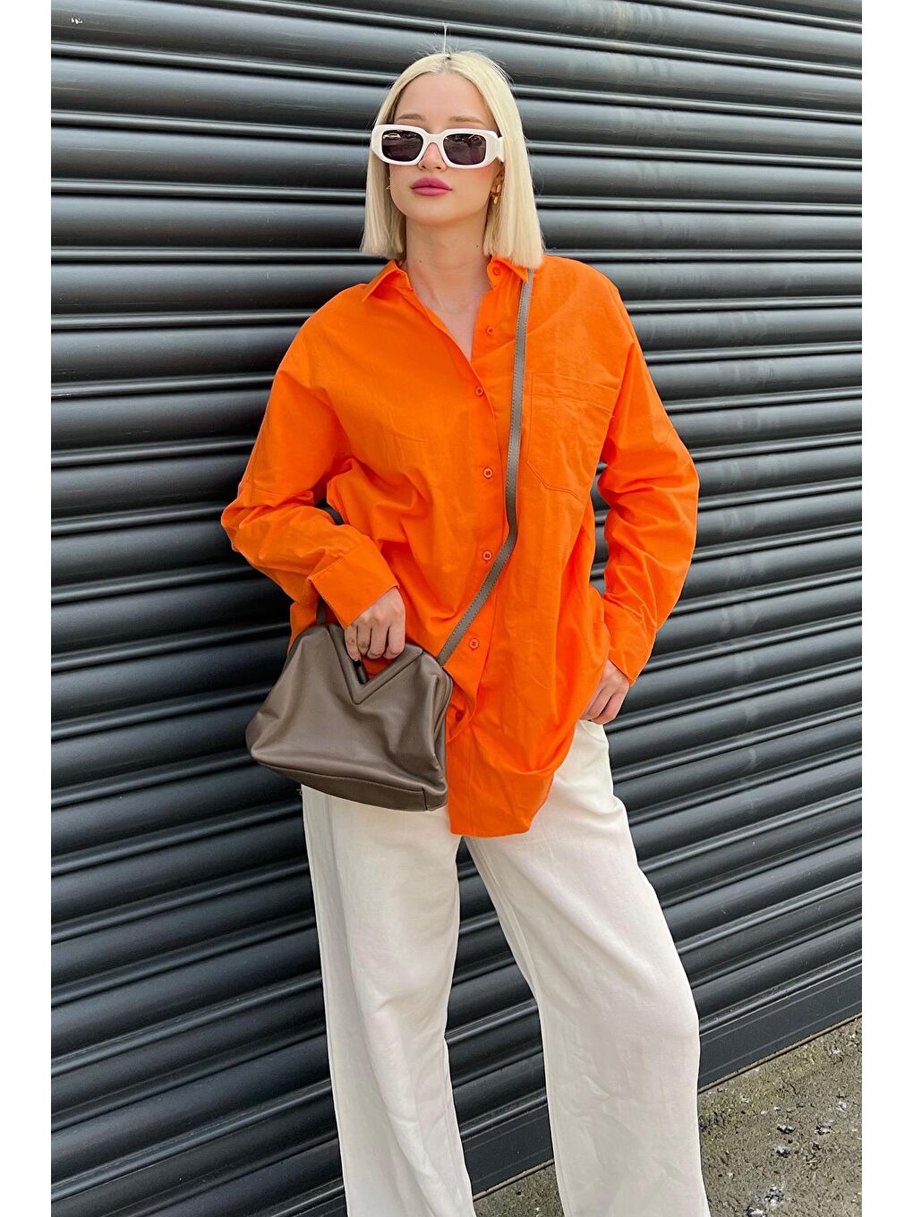 Turuncu Oversize Basic Cepli Poplin Gömlek Mg1530-3