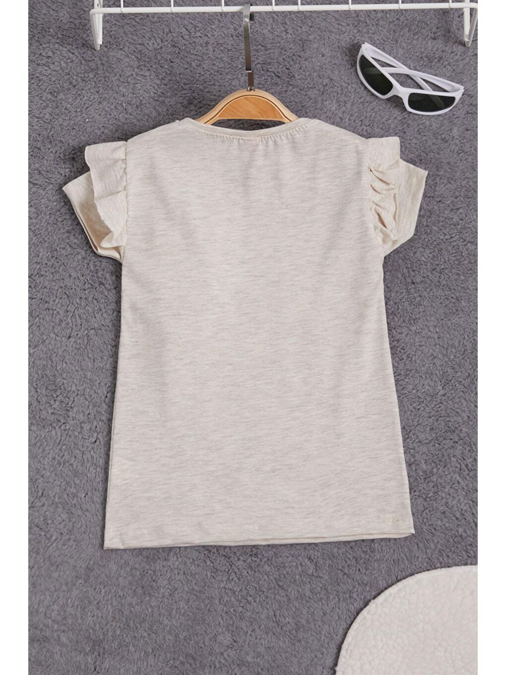 Ekru Krem Pelüş Ayıcıklı Fırfırlı Kız Çocuk T-shirt 15535-2