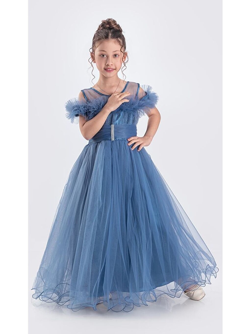 İndigo Uzun Etek Kız Çocuk Robası Şifon Abiye M00723-8