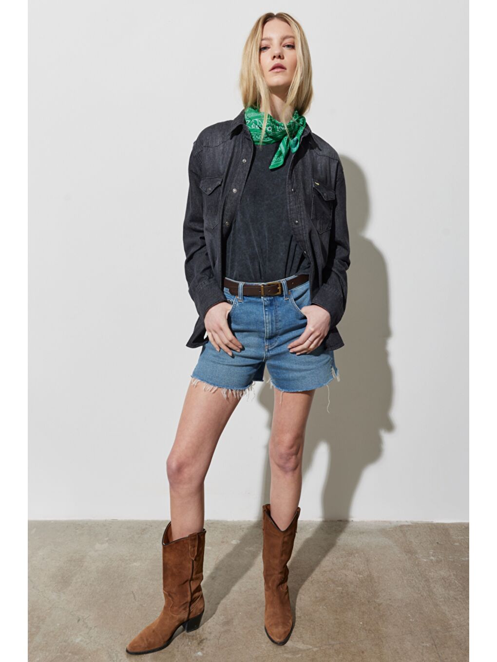 Yeşil Regular Fit Normal Kesim Yüksek Bel Desenli Esnek Jean Jean Şort-3