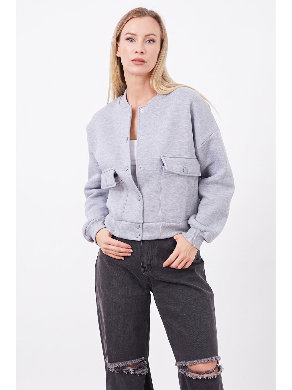 Gri 3 İplik Çıtçıtlı Oversize Crop Ceket