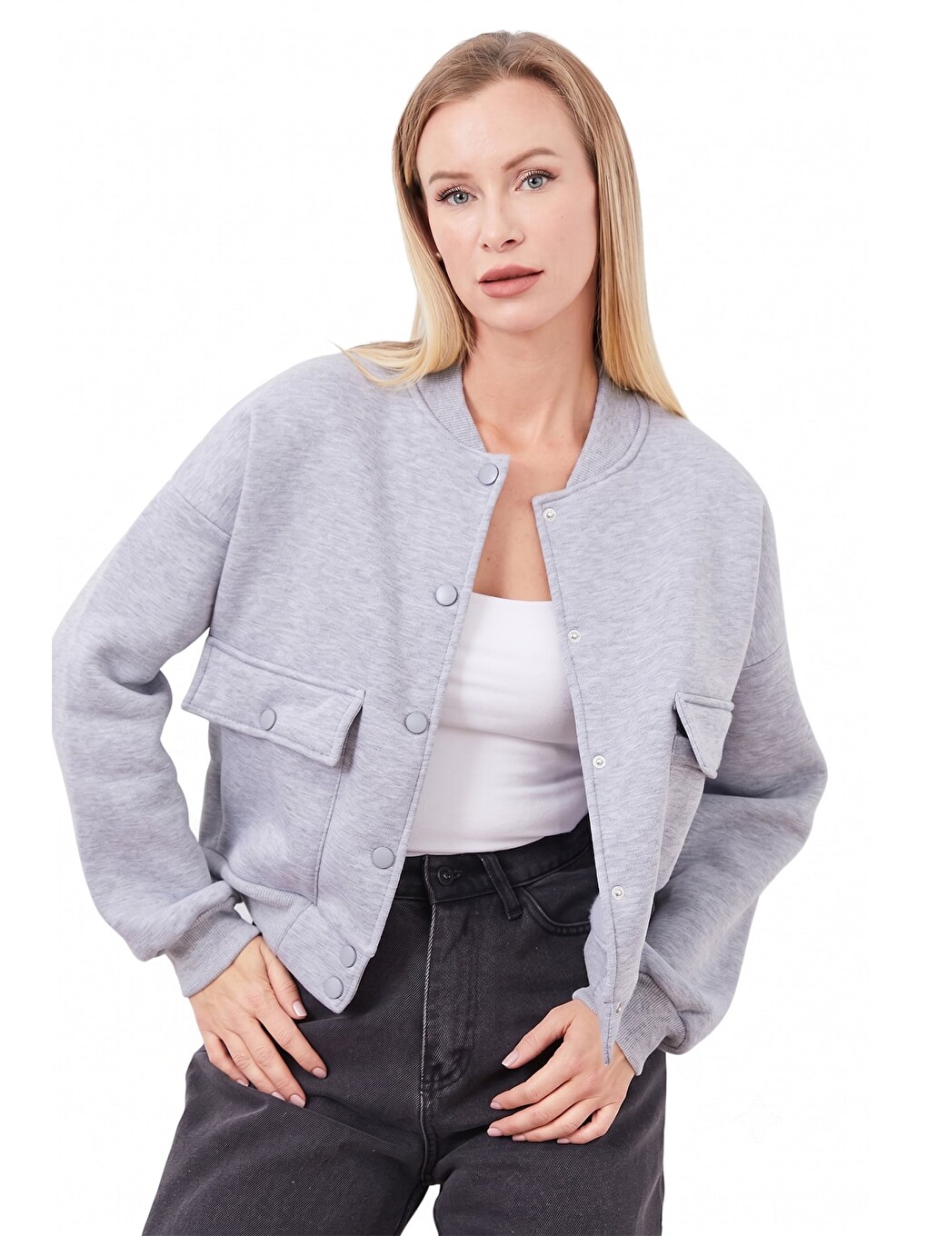 Gri 3 İplik Çıtçıtlı Oversize Crop Ceket-1