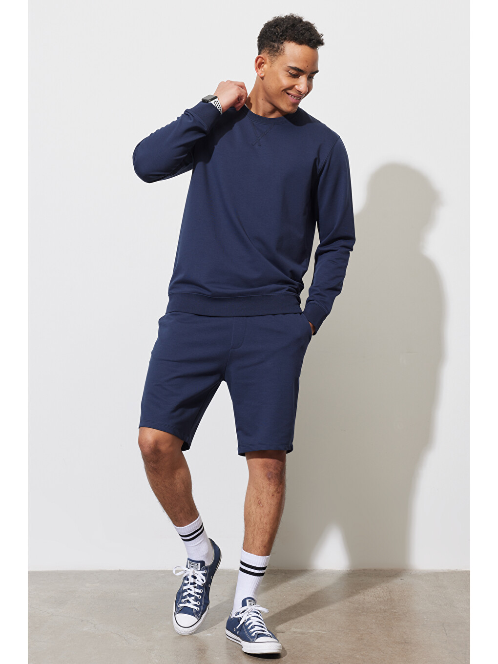Erkek Lacivert Standart Fit Normal Kesim Bisiklet Yaka Sweatshirt-1