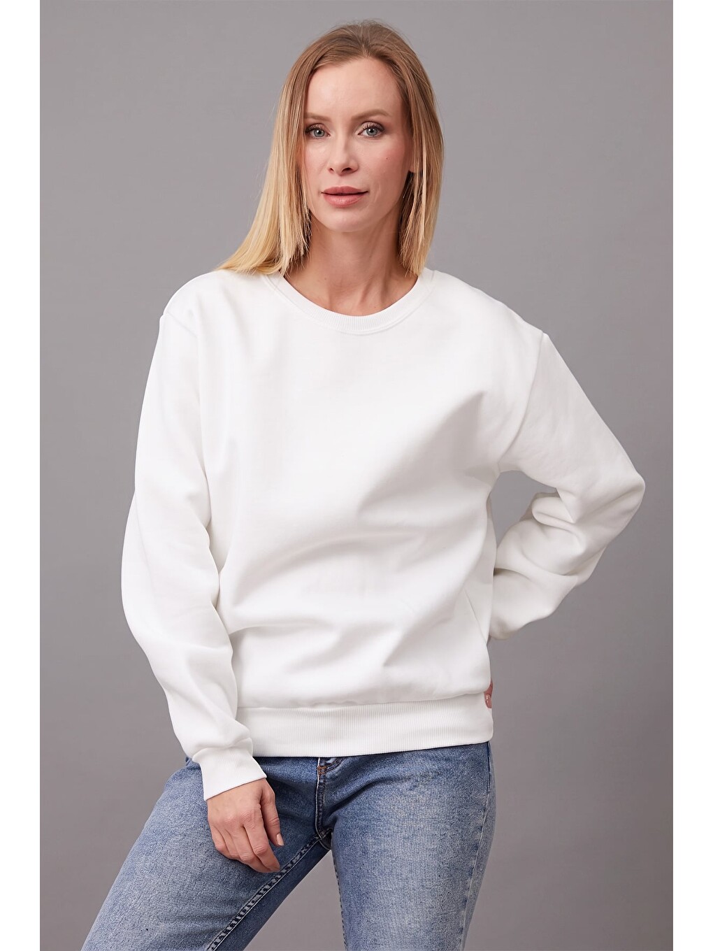Ekru Basic Oversize Bisiklet Yaka Sweatshirt-1