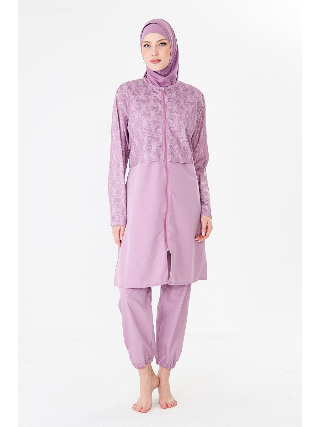 Tam Kapalı Paraşüt Kumaş Desenli Tesettür Mayo Pembe-3501