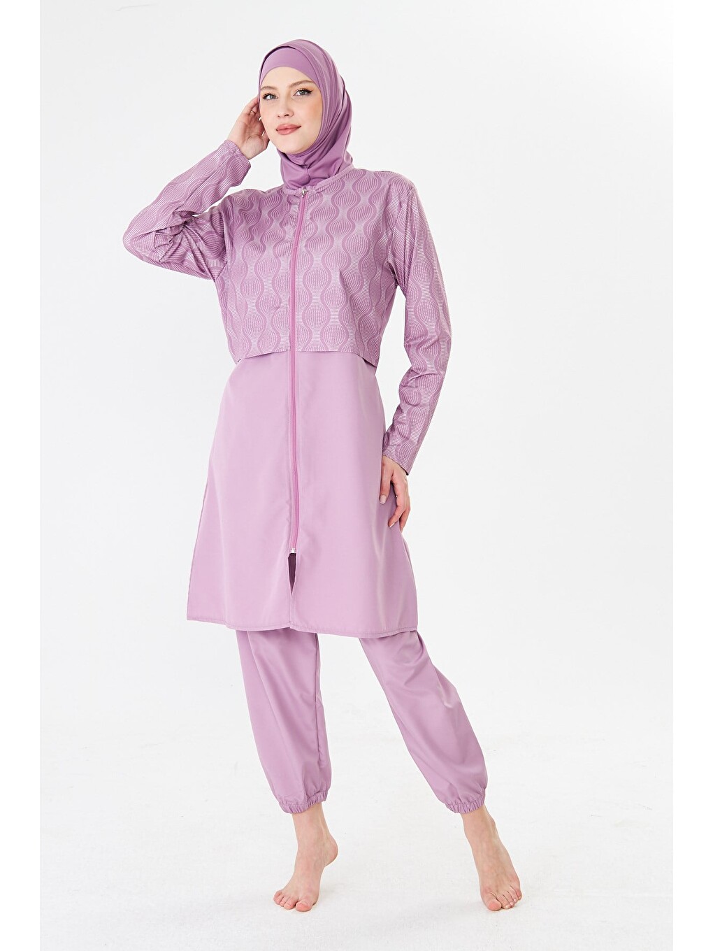 Tam Kapalı Paraşüt Kumaş Desenli Tesettür Mayo Pembe-3501-2