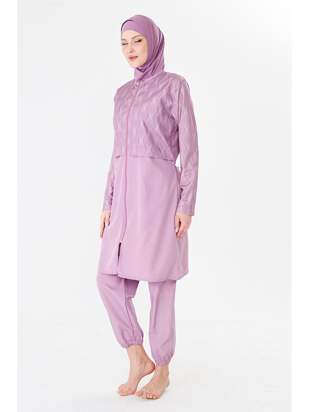 Tam Kapalı Paraşüt Kumaş Desenli Tesettür Mayo Pembe-3501-3