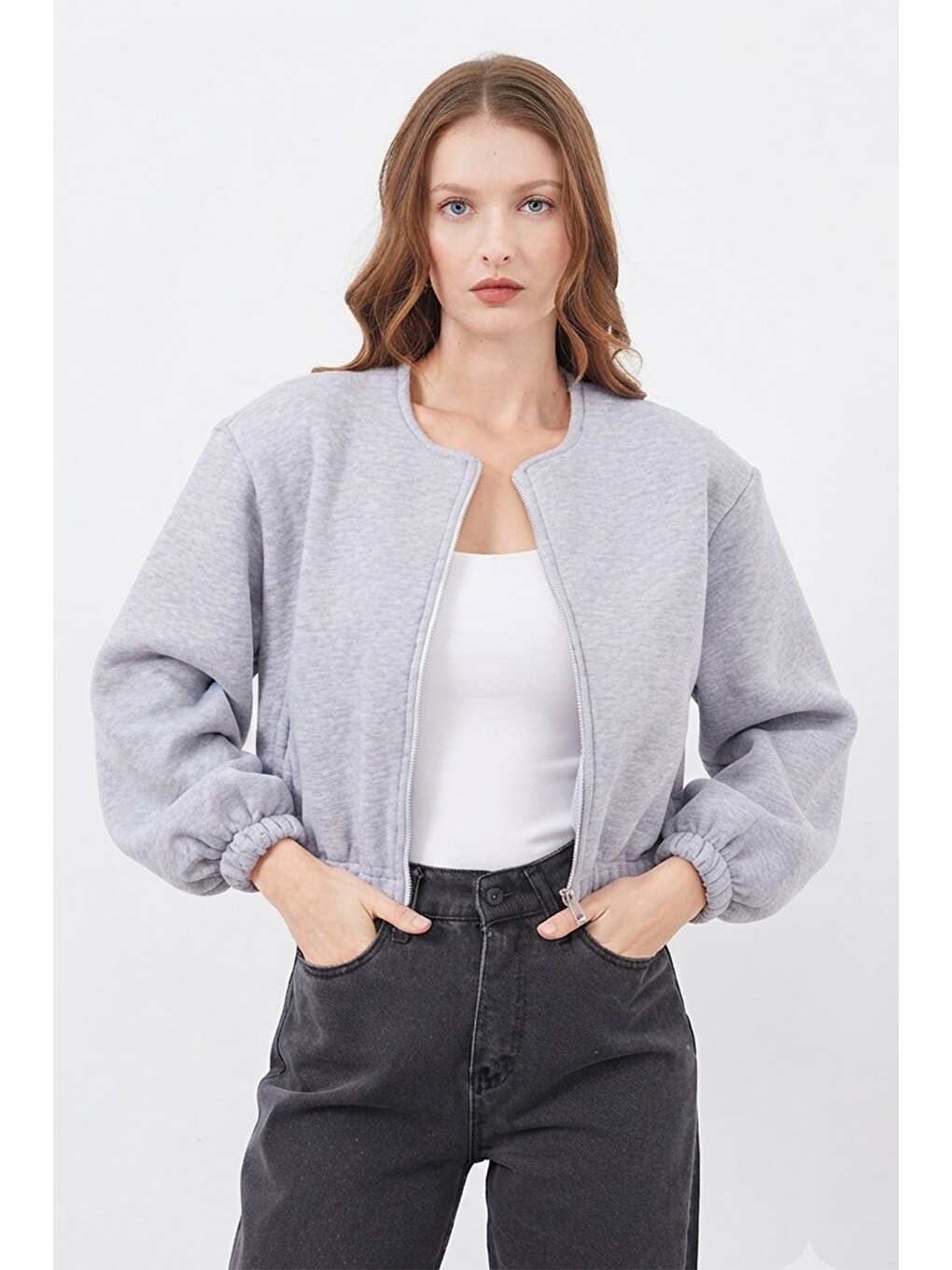 Gri Fermuarlı Beli Lastikli Crop Ceket