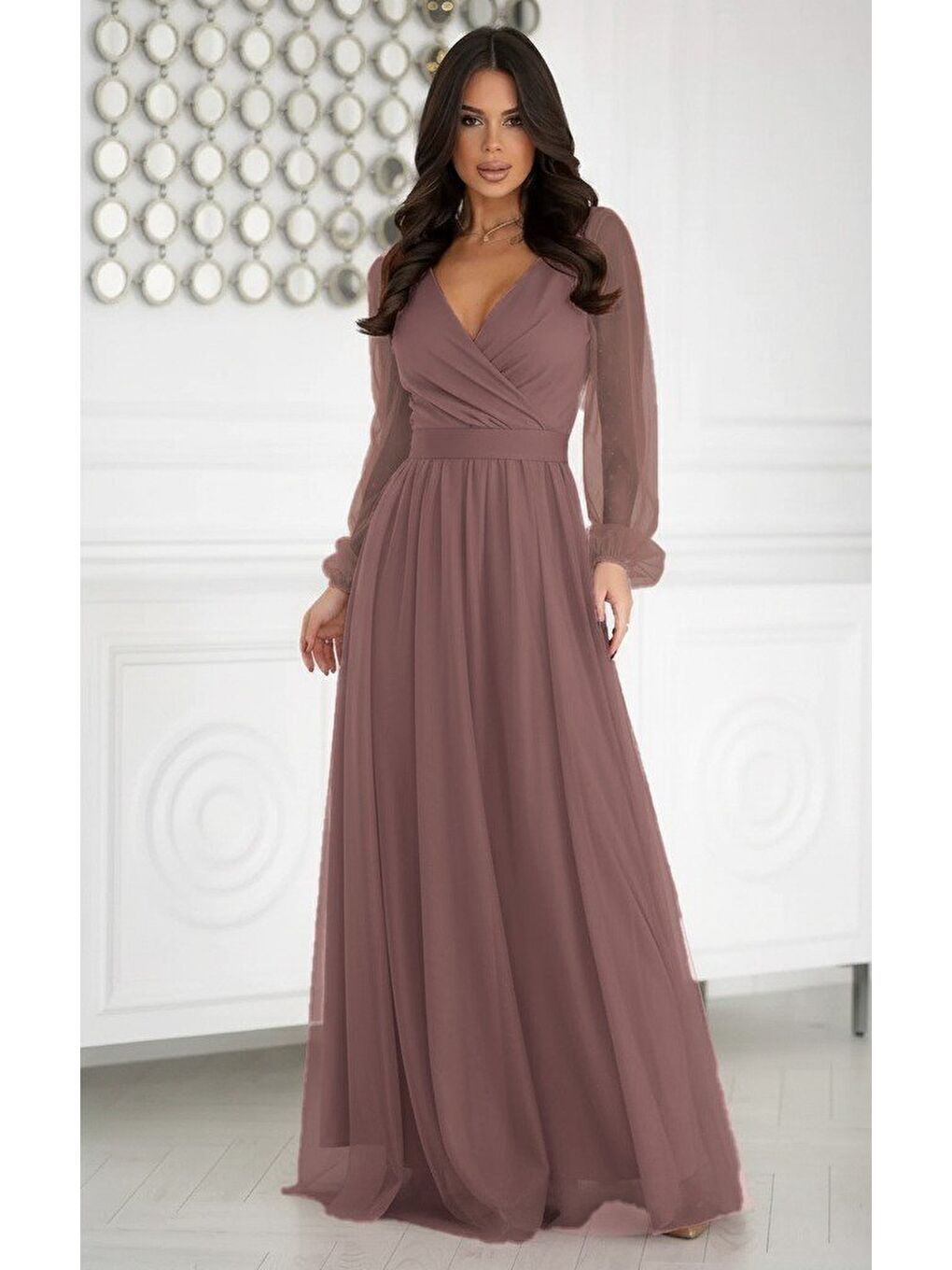 Pembe Kadın Uzun Kollu Kruvaze Yakalı Belden Kuşaklı Tüllü Uzun Ithal Krep Elbise-2