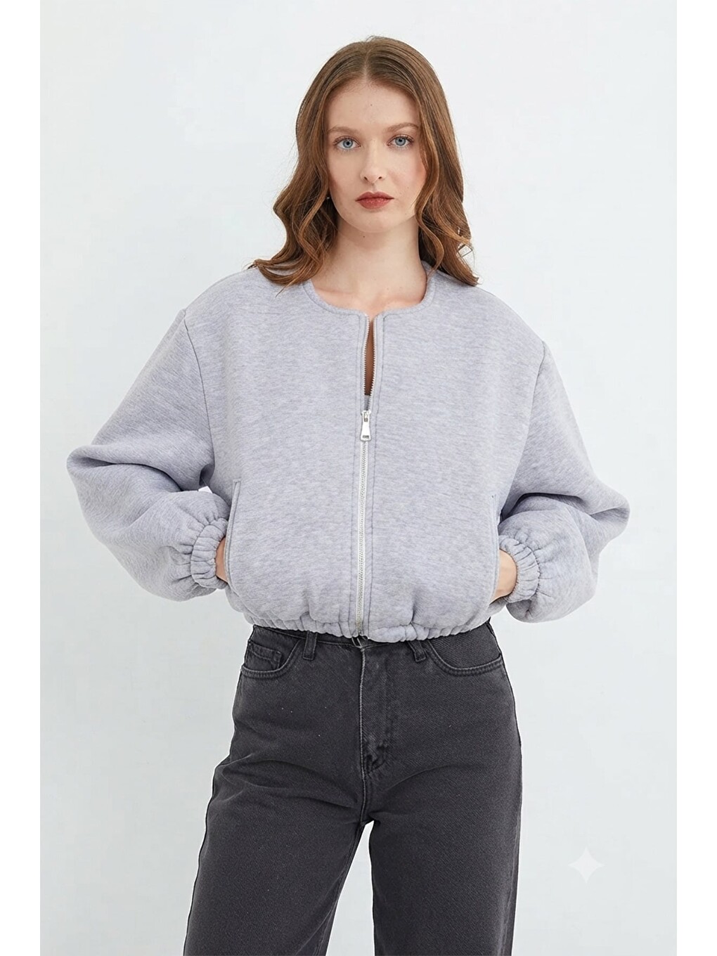 Gri Fermuarlı Beli Lastikli Crop Ceket-1