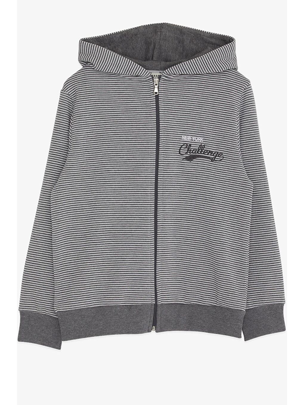 Erkek Çocuk Hırka Çizgili Yazı Nakışlı Gri (5-10 Yaş)