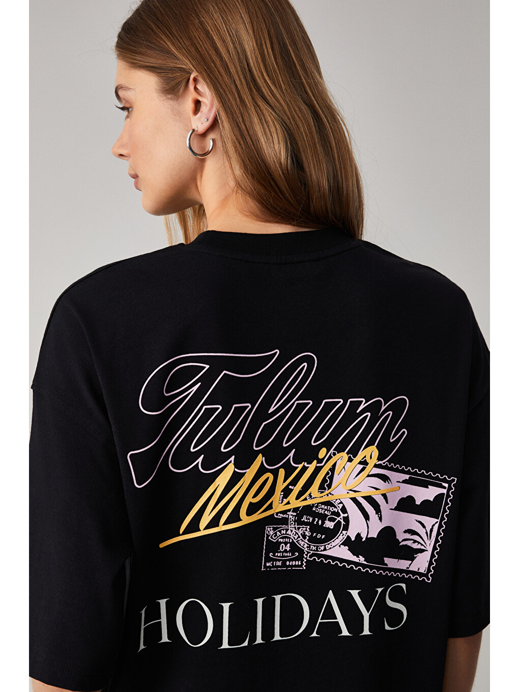 Siyah CAITLYN Kadın Oversize Bisiklet Yaka SİYAH T-Shirt-4