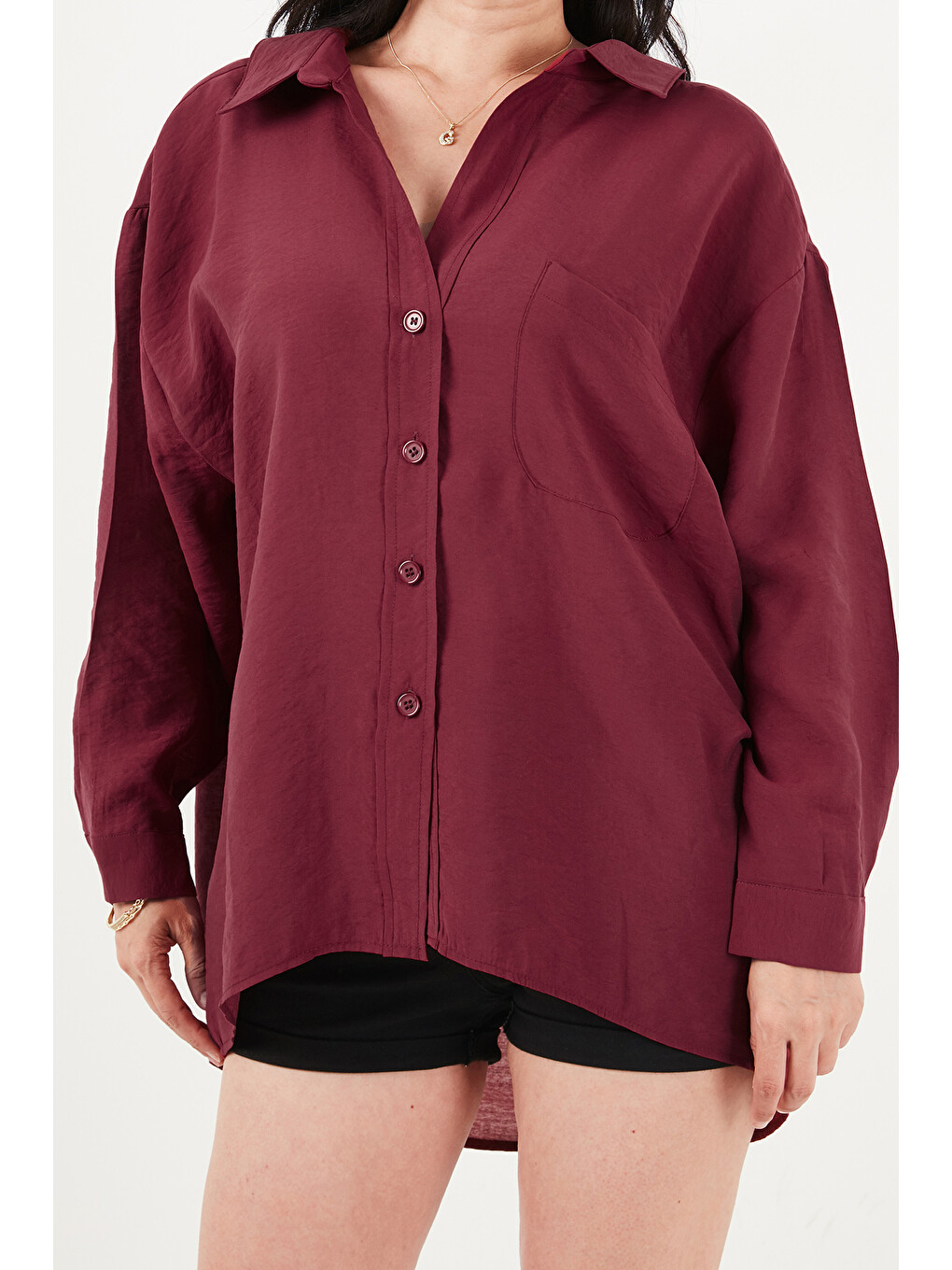 Bordo Modal Oversize Fit Uzun Kollu Kadın Gömlek 6834612-5