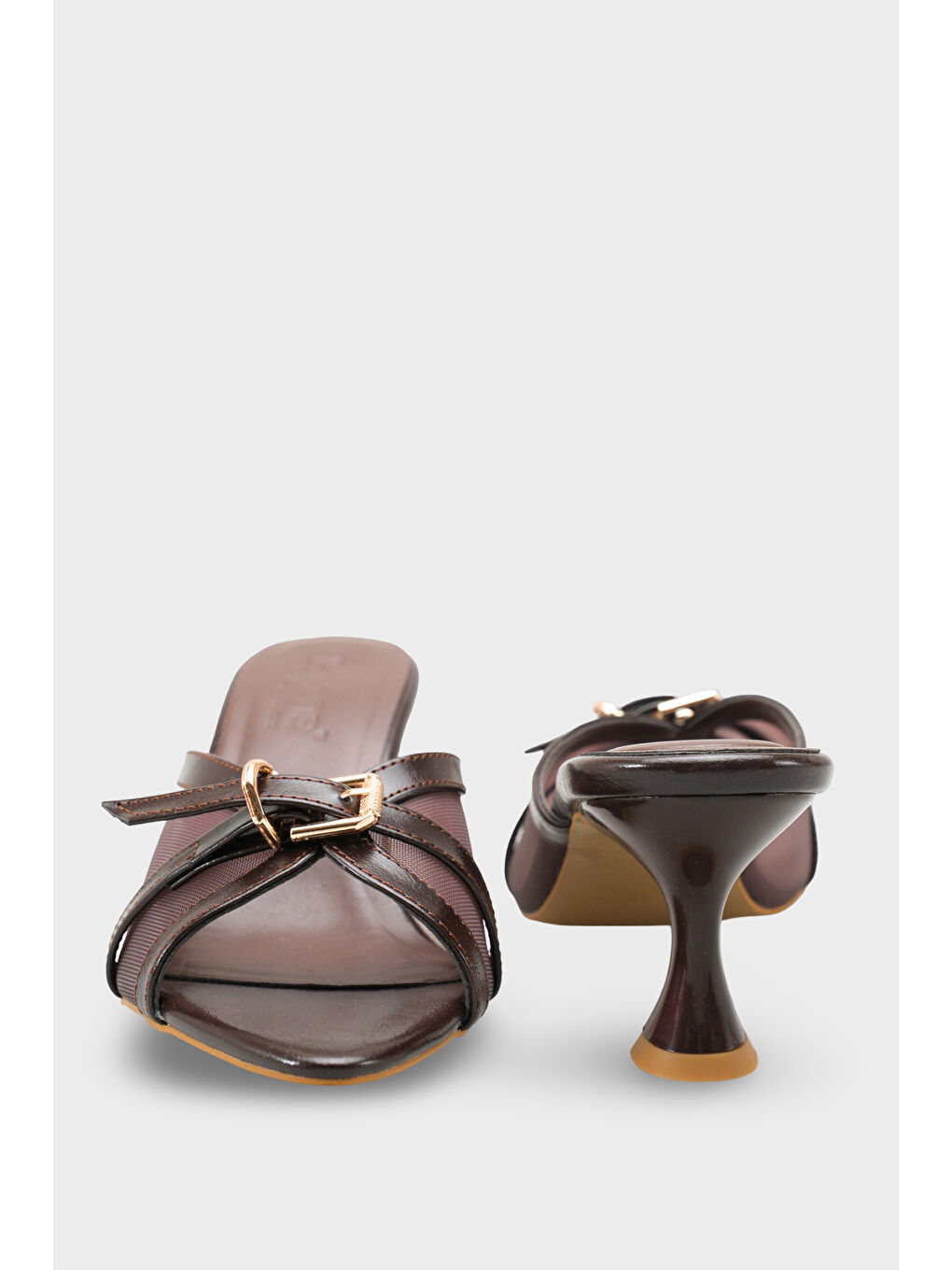 Kahverengi Marnie Sivri Burunlu Fileli Metal Tokalı Orta Topuklu Kadın Terlik-3