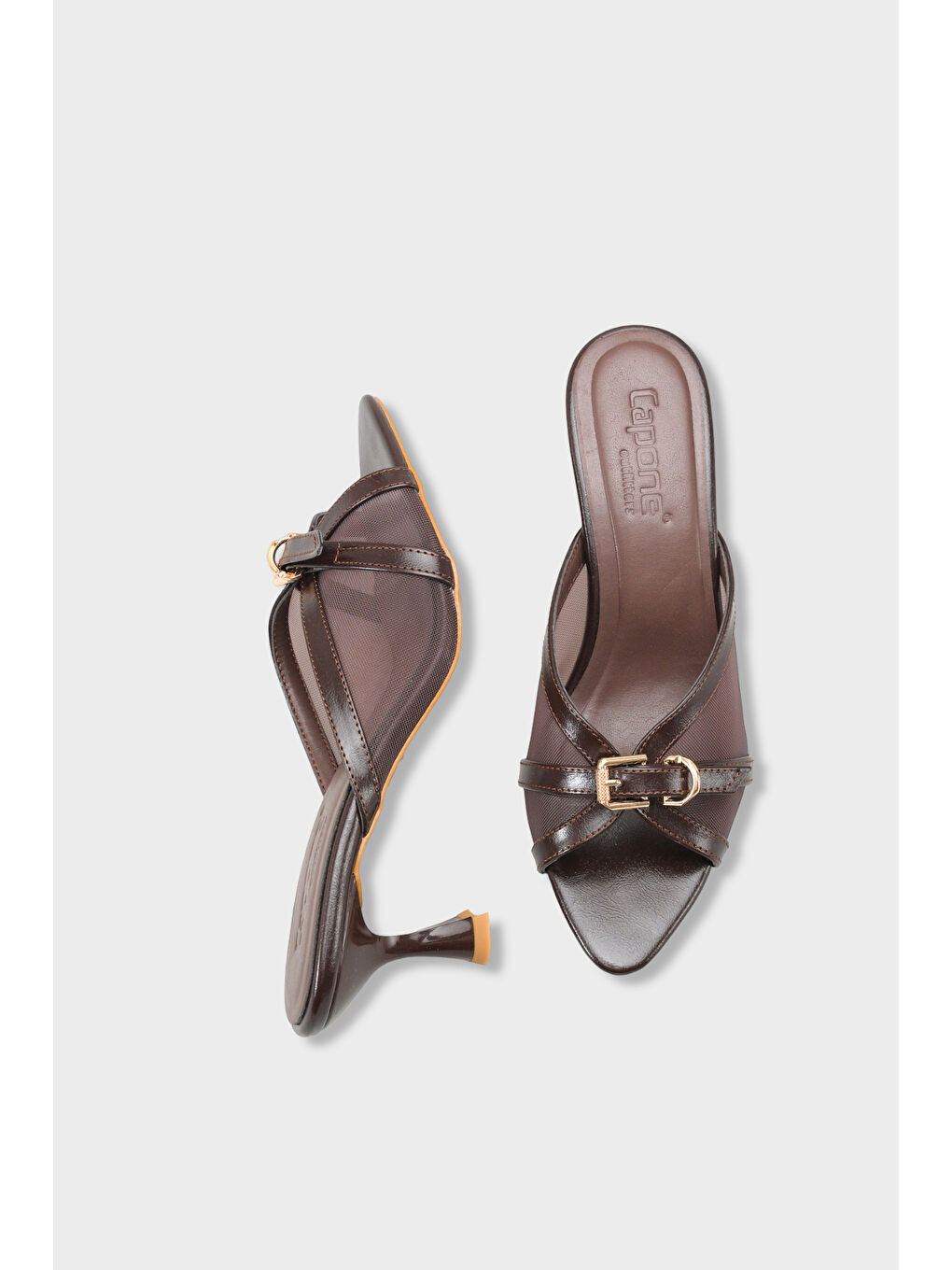 Kahverengi Marnie Sivri Burunlu Fileli Metal Tokalı Orta Topuklu Kadın Terlik-4