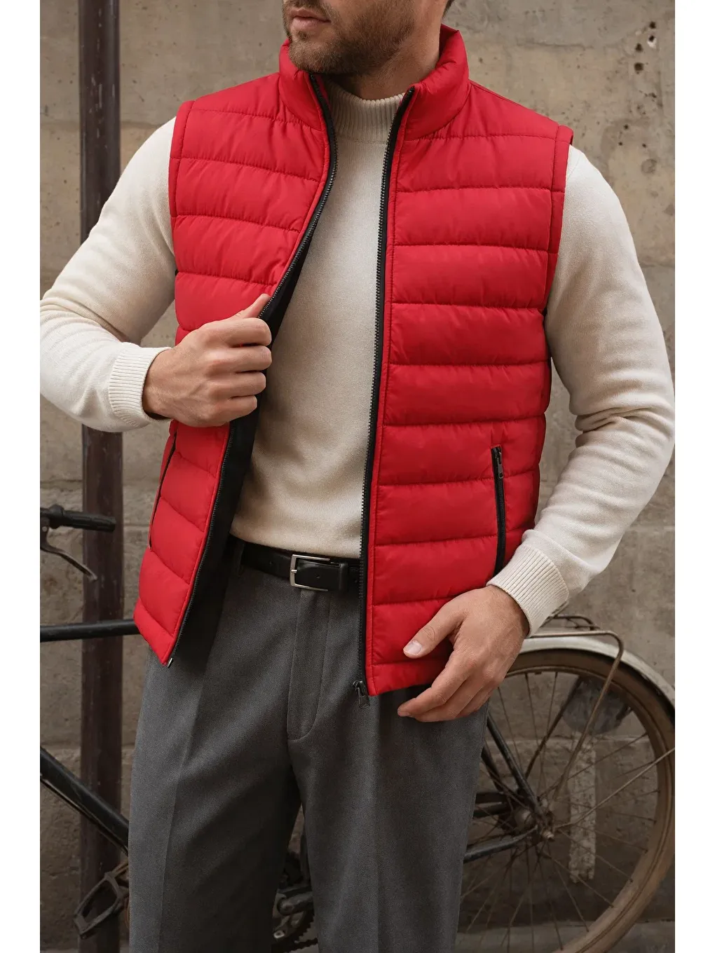 Erkek Kışlık Kolsuz Trend Astarlı Kırmızı Şişme Yelek-1
