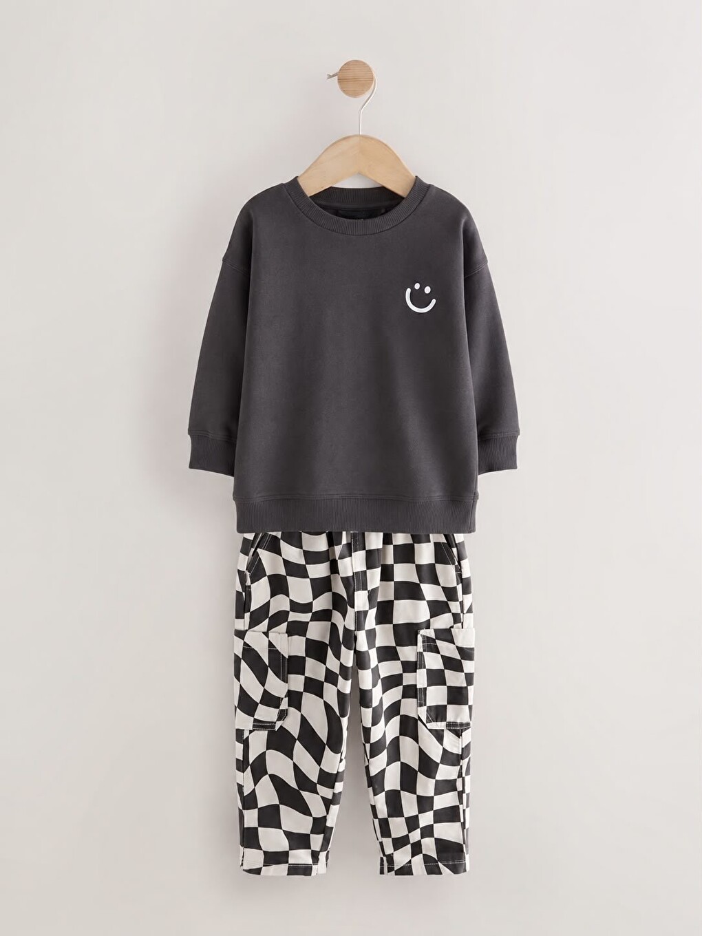 Karışık Çocuk Smiley Baskılı Antrasit Sweatshirt Ve Dama Desenli Eşofman Takımı