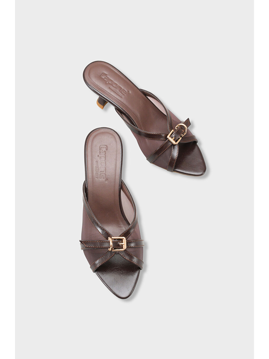 Kahverengi Marnie Sivri Burunlu Fileli Metal Tokalı Orta Topuklu Kadın Terlik-5