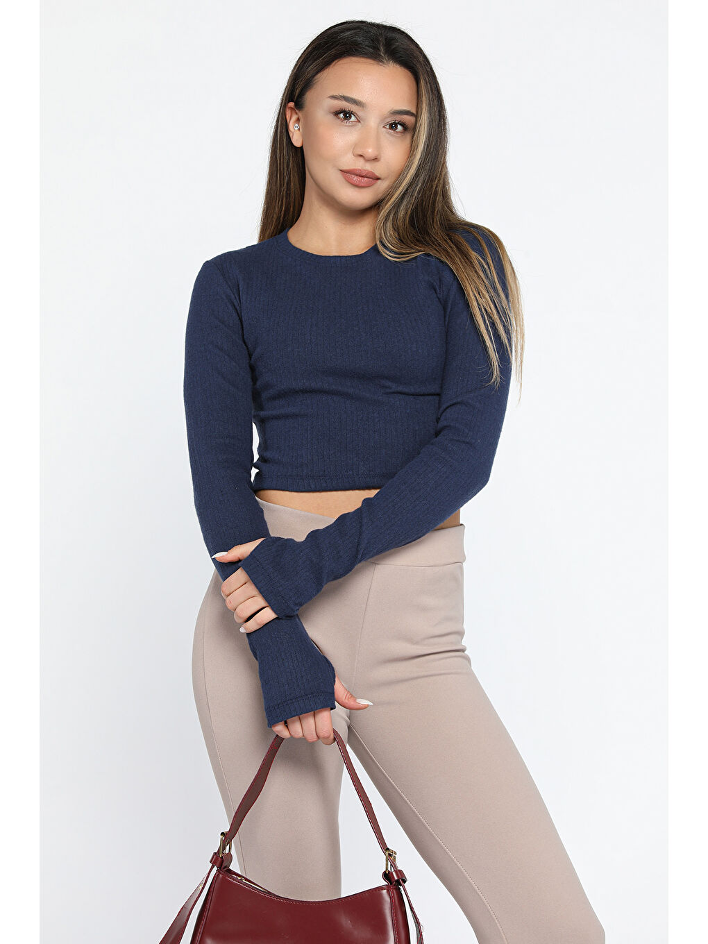 GÜLSELİ Lacivert Kadın Bisiklet Yaka Kolu Pencereli Kaşkorse Crop Top Bluz