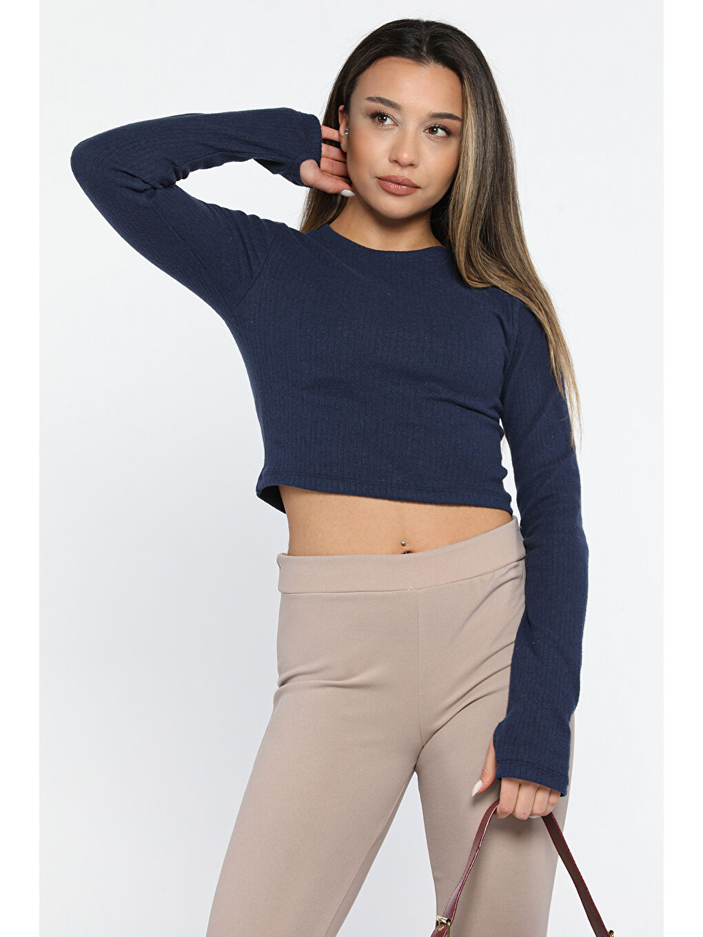 GÜLSELİ Lacivert Kadın Bisiklet Yaka Kolu Pencereli Kaşkorse Crop Top Bluz - 1