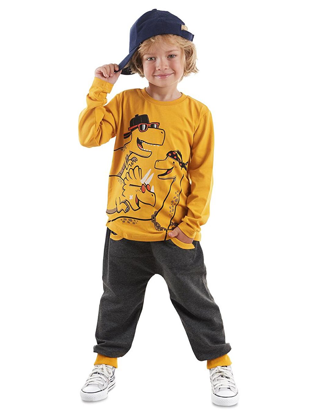 Denokids Hardal Sarı Cool Dinolar Erkek Çocuk T-shirt Pantolon Takım