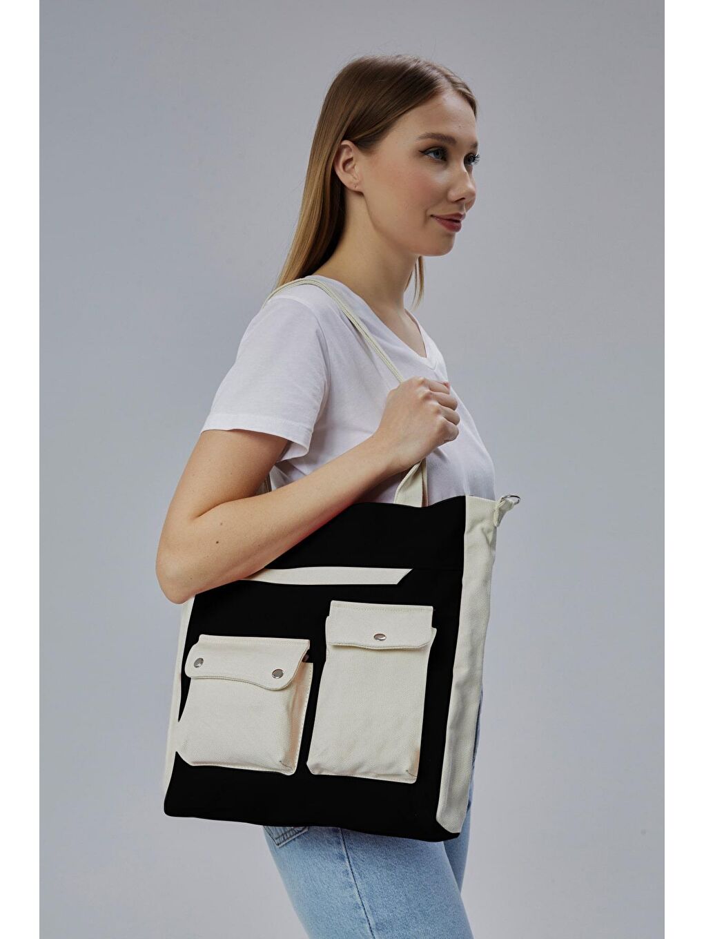 Kanvas Ön Cepleri Çıtlı Çanta (Siyah - Ekru)-2