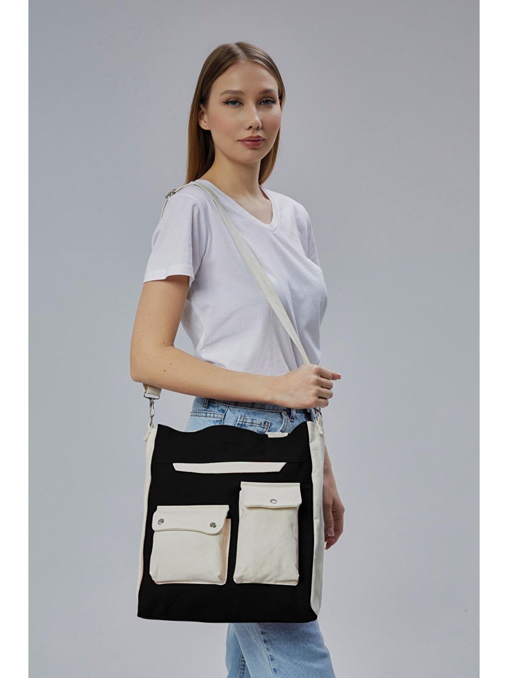 Kanvas Ön Cepleri Çıtlı Çanta (Siyah - Ekru)-3