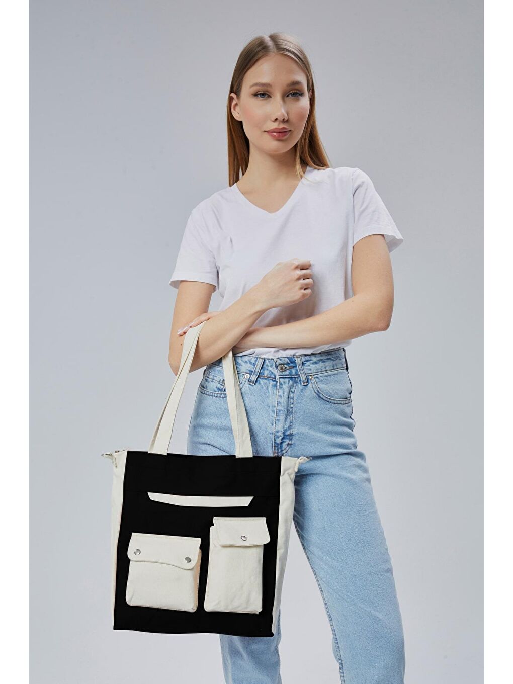 Kanvas Ön Cepleri Çıtlı Çanta (Siyah - Ekru)-4