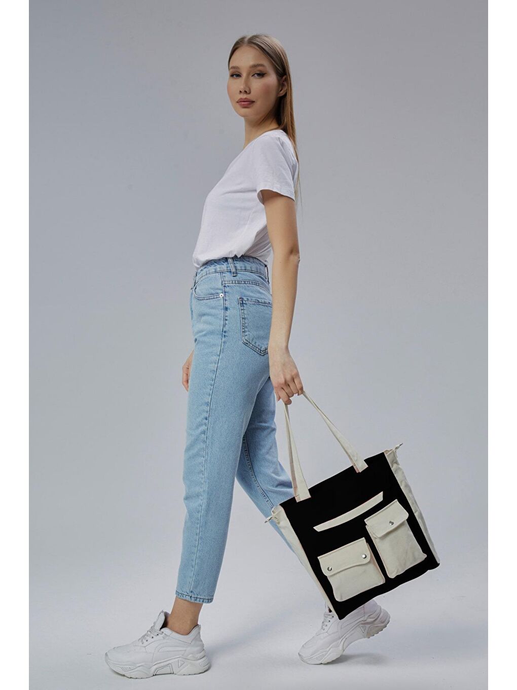 Kanvas Ön Cepleri Çıtlı Çanta (Siyah - Ekru)-5