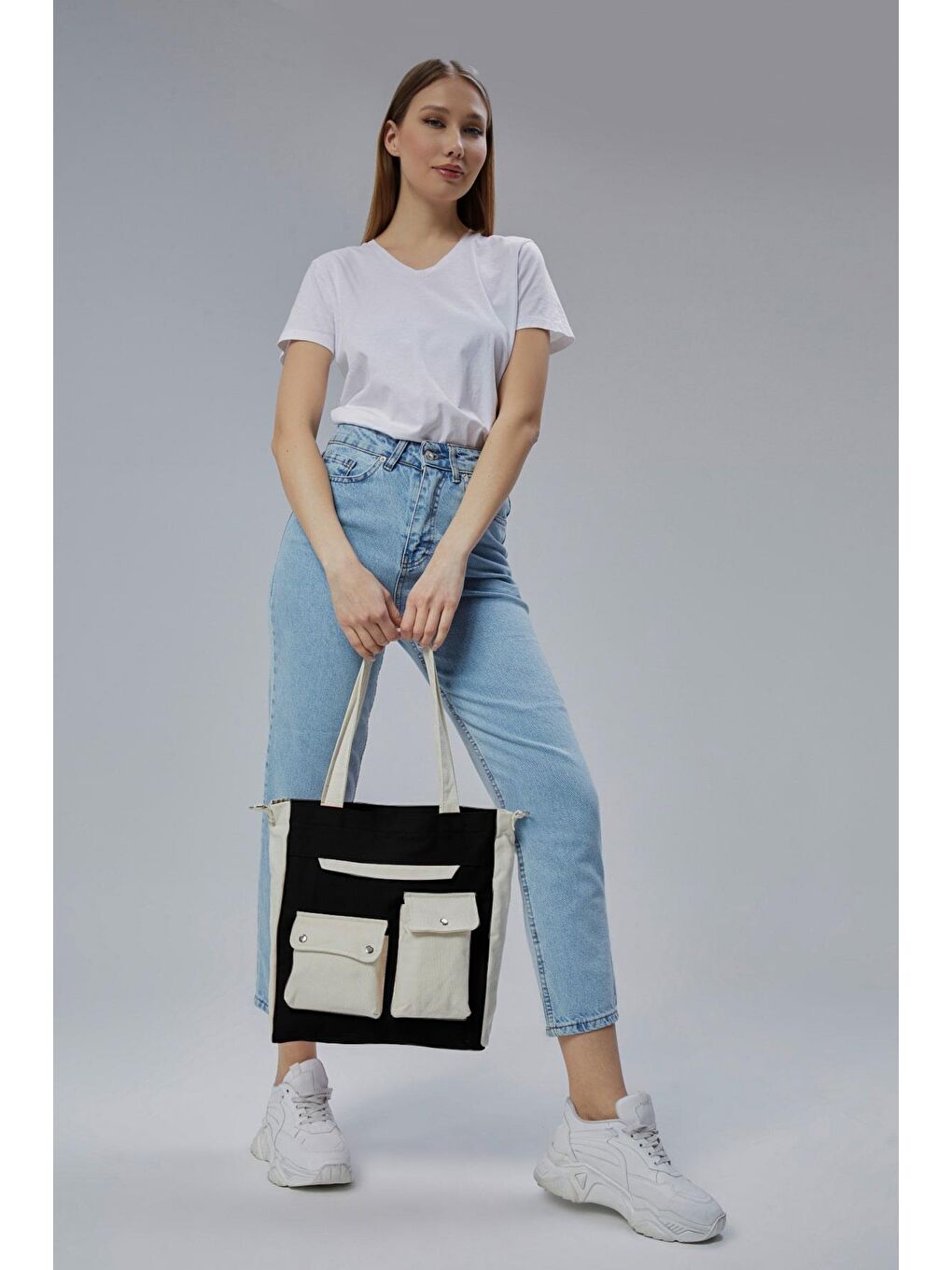 Kanvas Ön Cepleri Çıtlı Çanta (Siyah - Ekru)-6