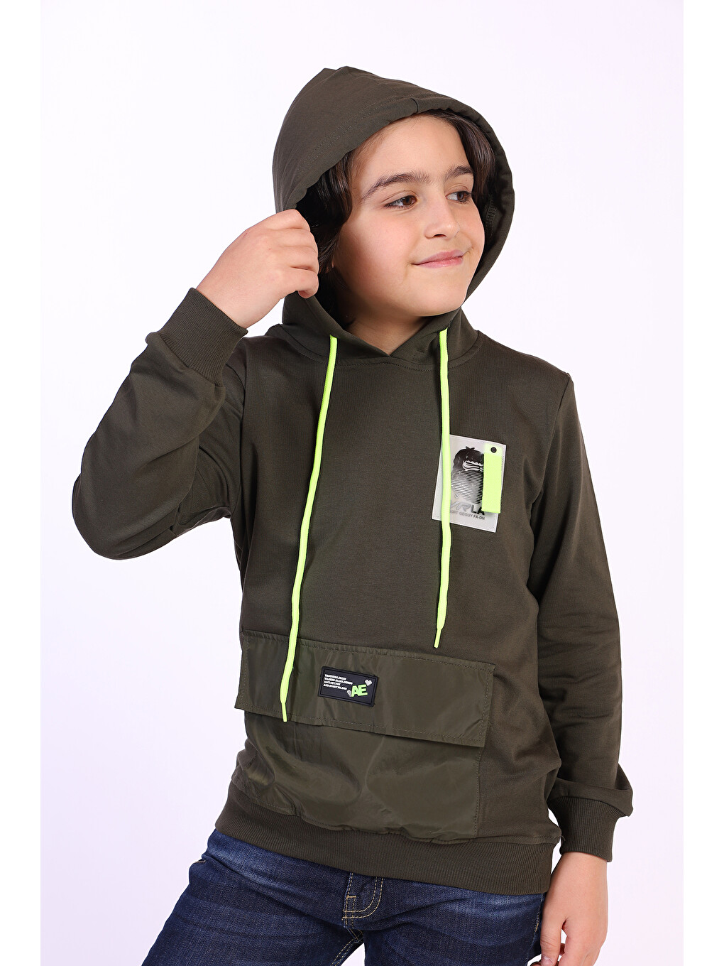 Haki Erkek Çocuk Armalı Kapüşonlu Sweatshirt