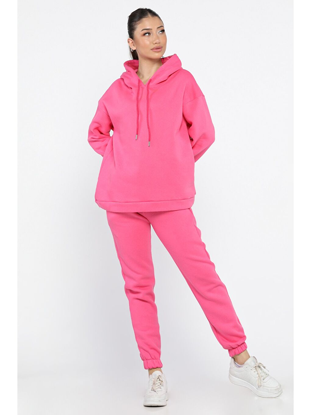Fuşya Kadın Kapüşonlu Şardonlu Eşofman Takımı-1