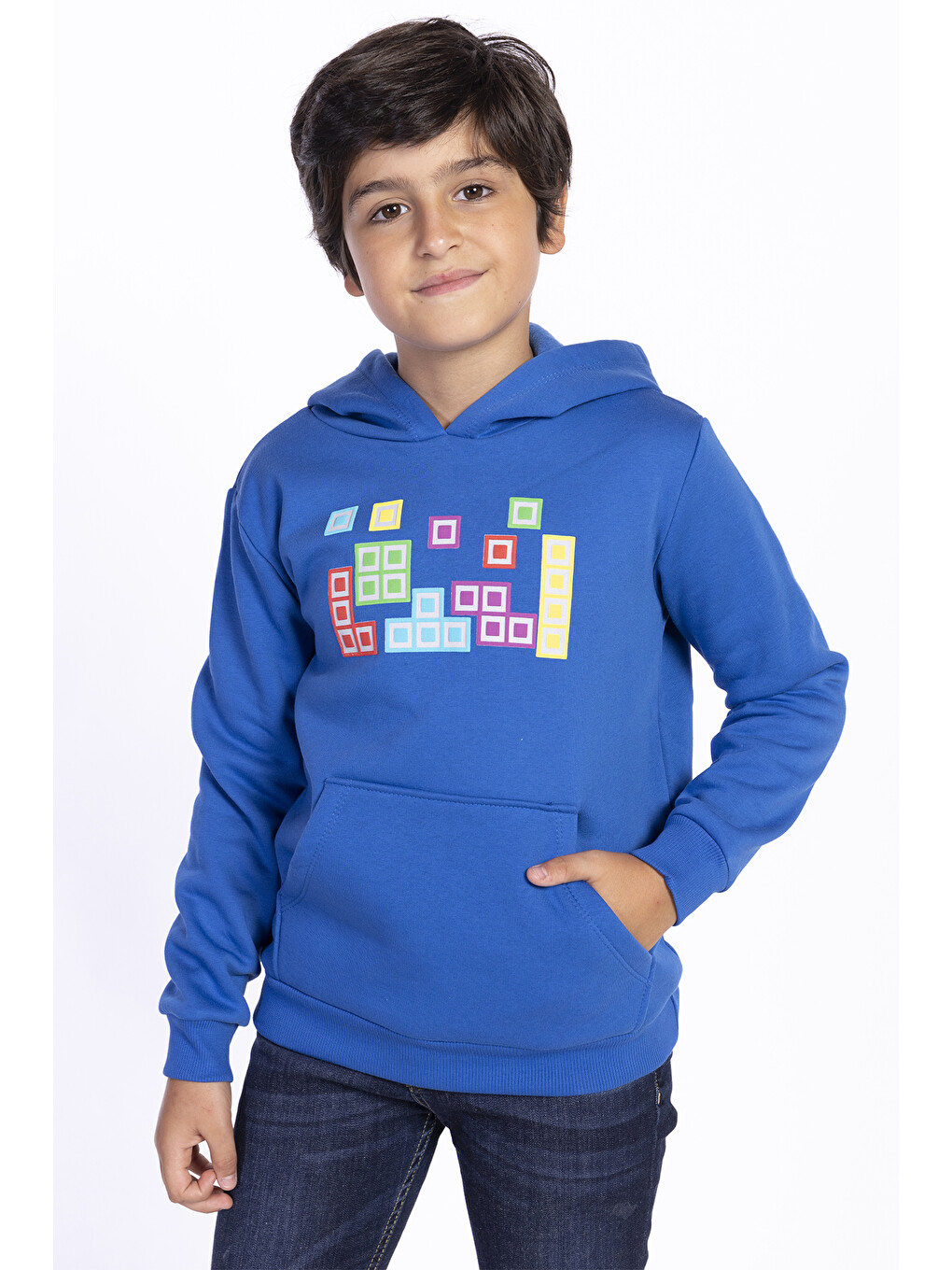 Mavi Erkek Çocuk Baskılı Kanguru Cepli Sweatshirt