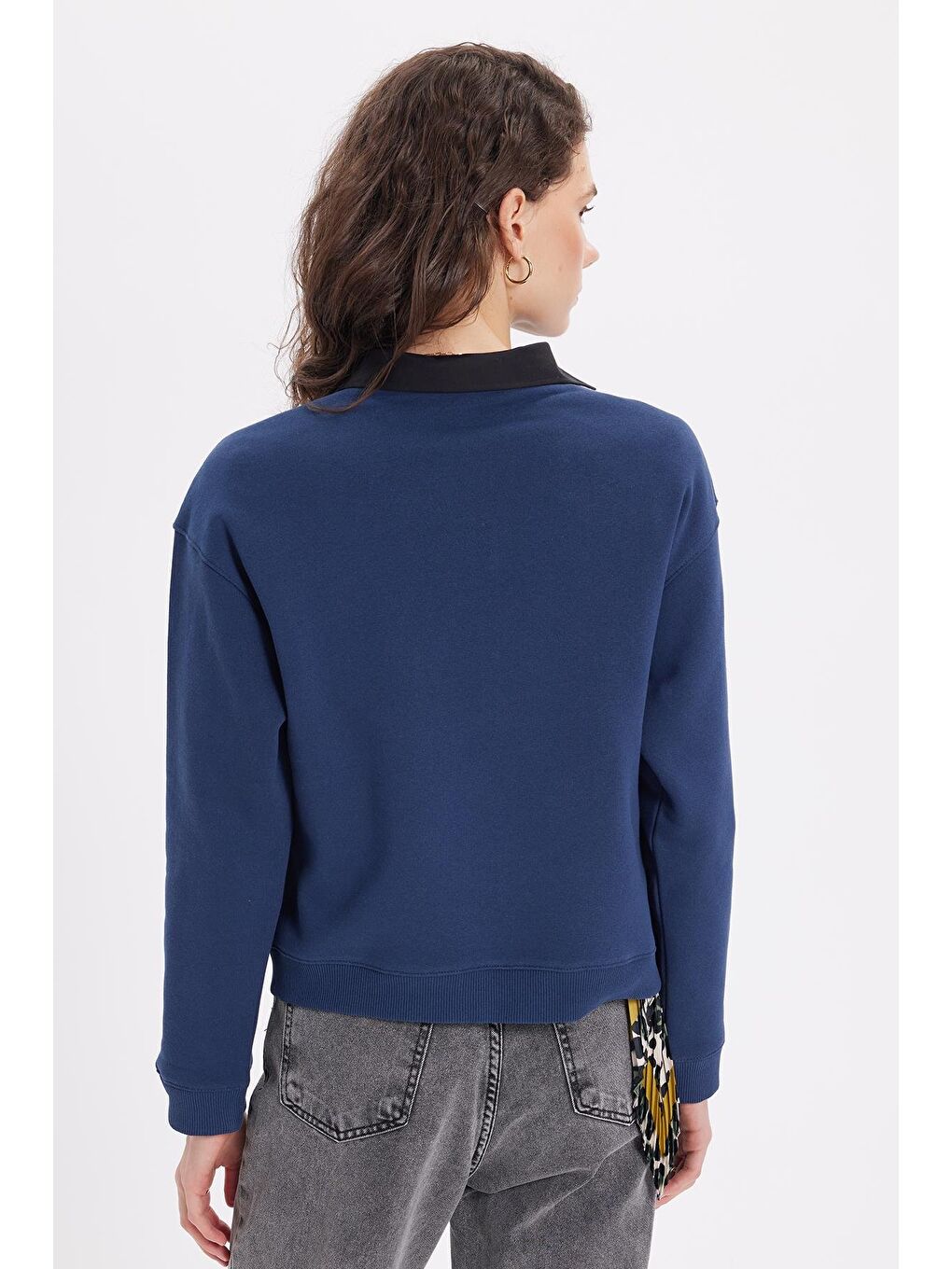 Kadın Oversize Geniş Kesim Pamuklu Bisiklet Yaka Lacivert Sweatshirt-6