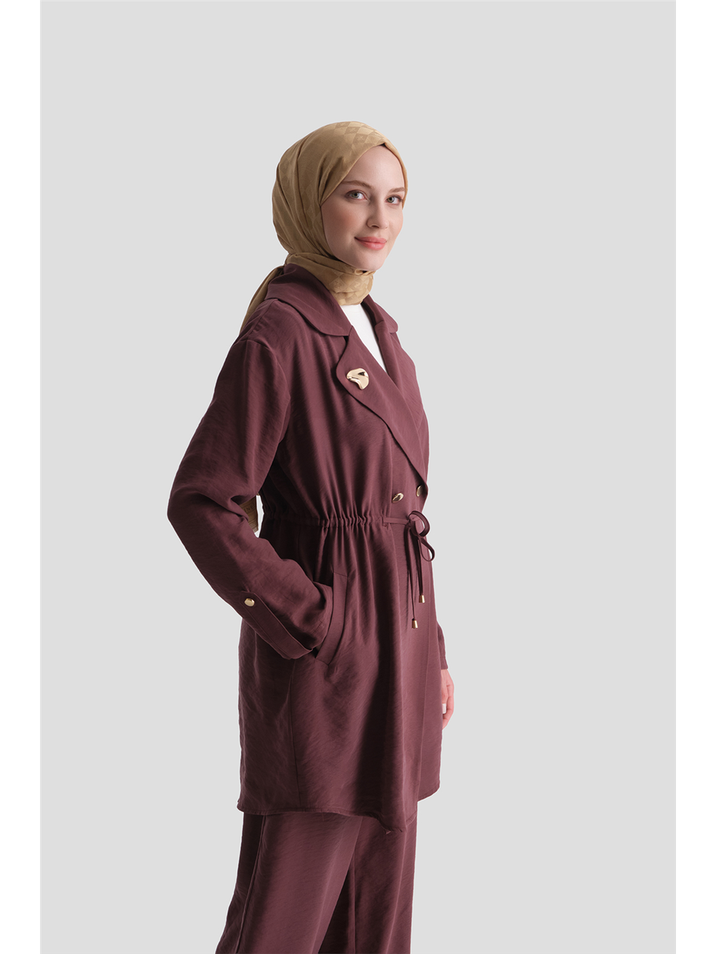 Beli Büzgülü Ceketli Takım Mürdüm-3