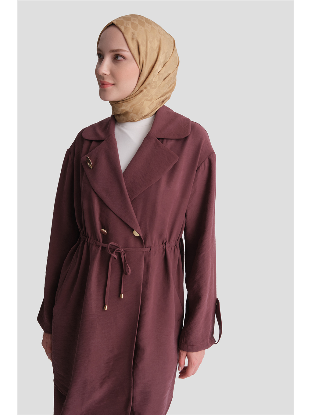 Beli Büzgülü Ceketli Takım Mürdüm-4