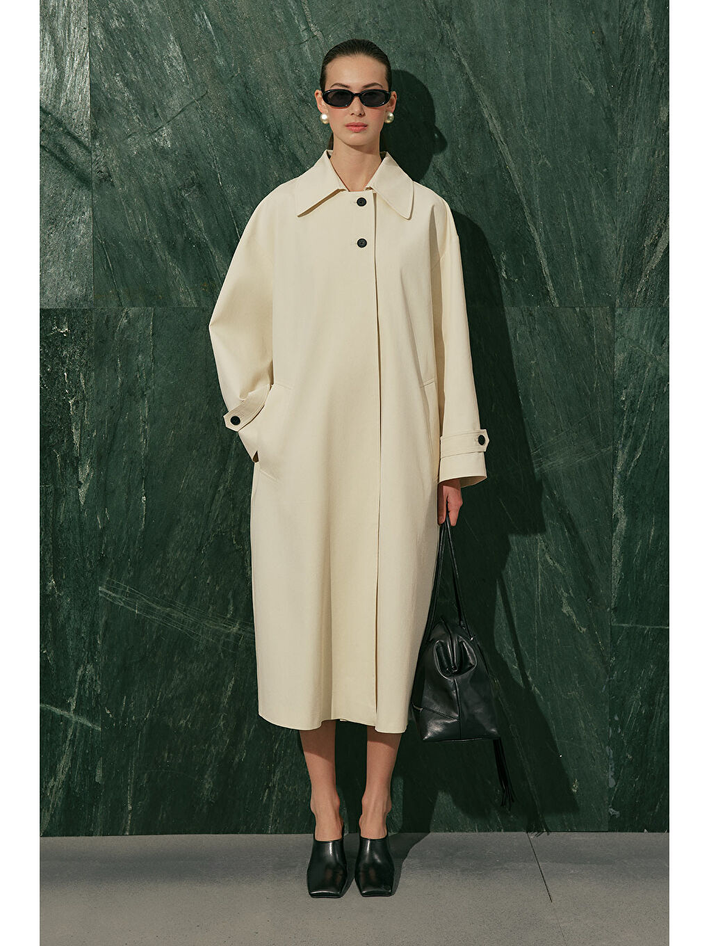 Bej Malene Düğmeli Trençkot Vanilya-5