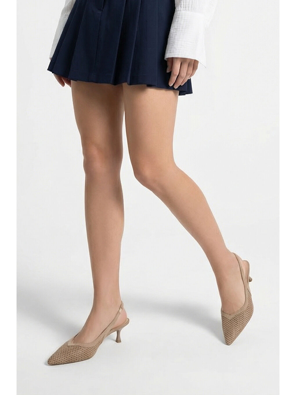 Bej Flori Sivri Burunlu Orta Topuklu Arkası Açık Kadın Ayakkabı-2