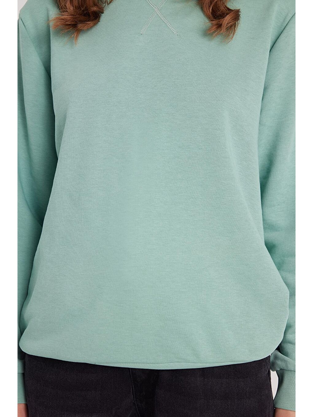 Kadın Oversize Geniş Kesim Pamuklu Basic Yeşil Bisiklet Yaka Sweatshirt-2