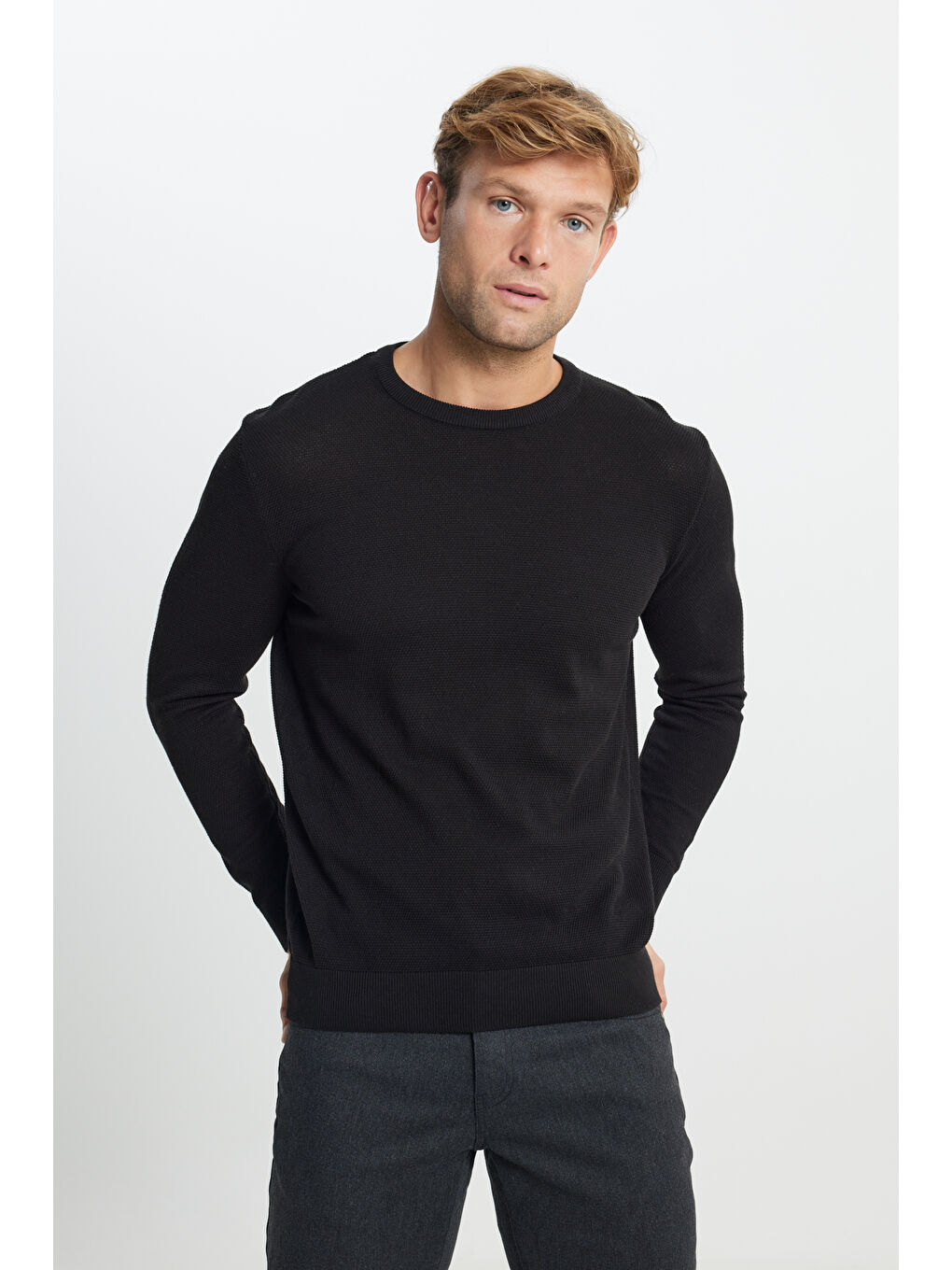 Erkek Siyah Pamuklu Standart Fit Normal Kesim Bisiklet Yaka Jakarlı Triko Kazak-3