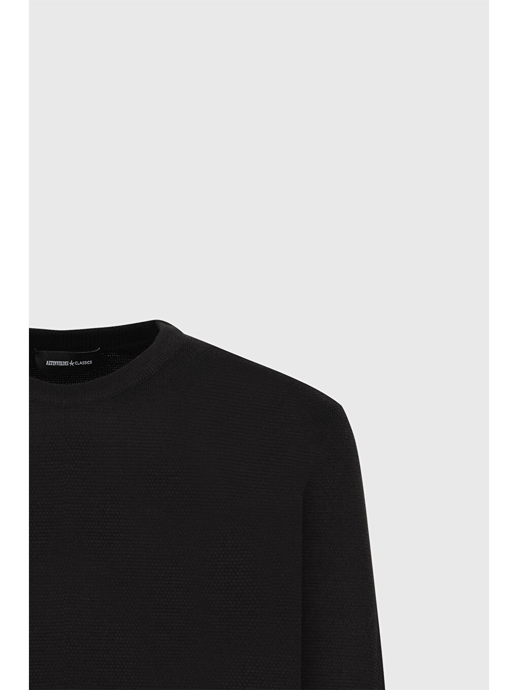 Erkek Siyah Pamuklu Standart Fit Normal Kesim Bisiklet Yaka Jakarlı Triko Kazak-7