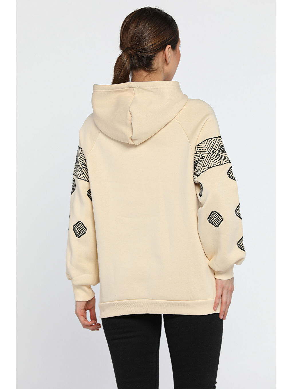 Bej Kadın Kapüşonlu Şardonlu Kol Nakışlı Sweatshirt-2