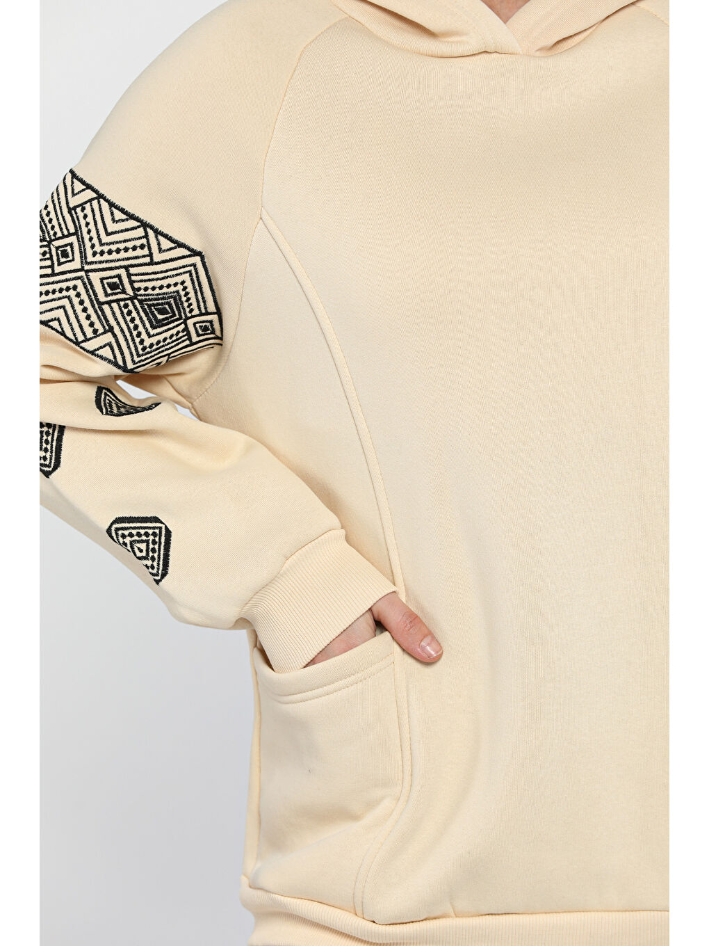 Bej Kadın Kapüşonlu Şardonlu Kol Nakışlı Sweatshirt-3