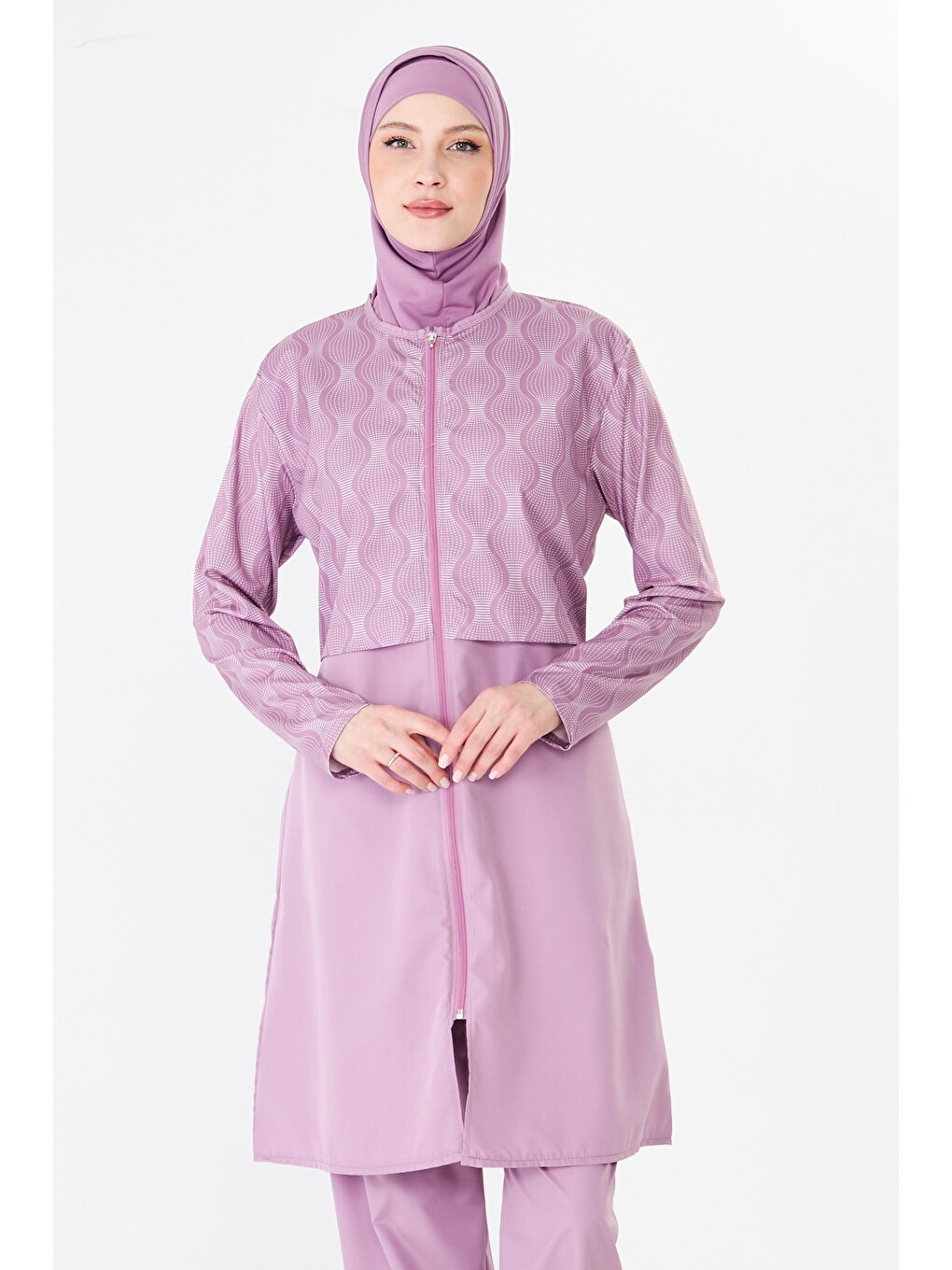 Tam Kapalı Büyük Beden Paraşüt Kumaş Desenli Tesettür Mayo Pembe-3501b-1